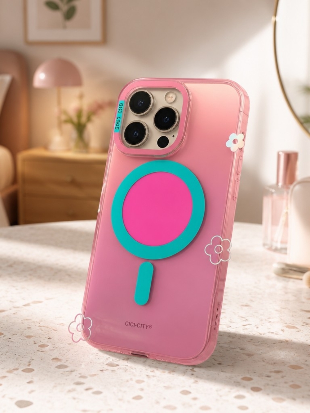 Pink Phone Case with Teal Ring Grip
